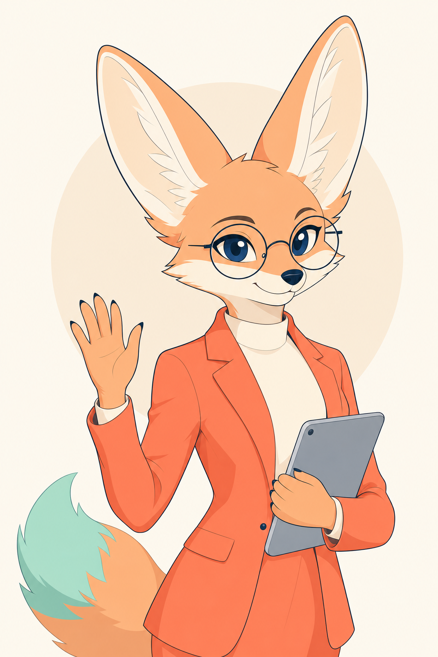 Mabel waving hello, holding a tablet